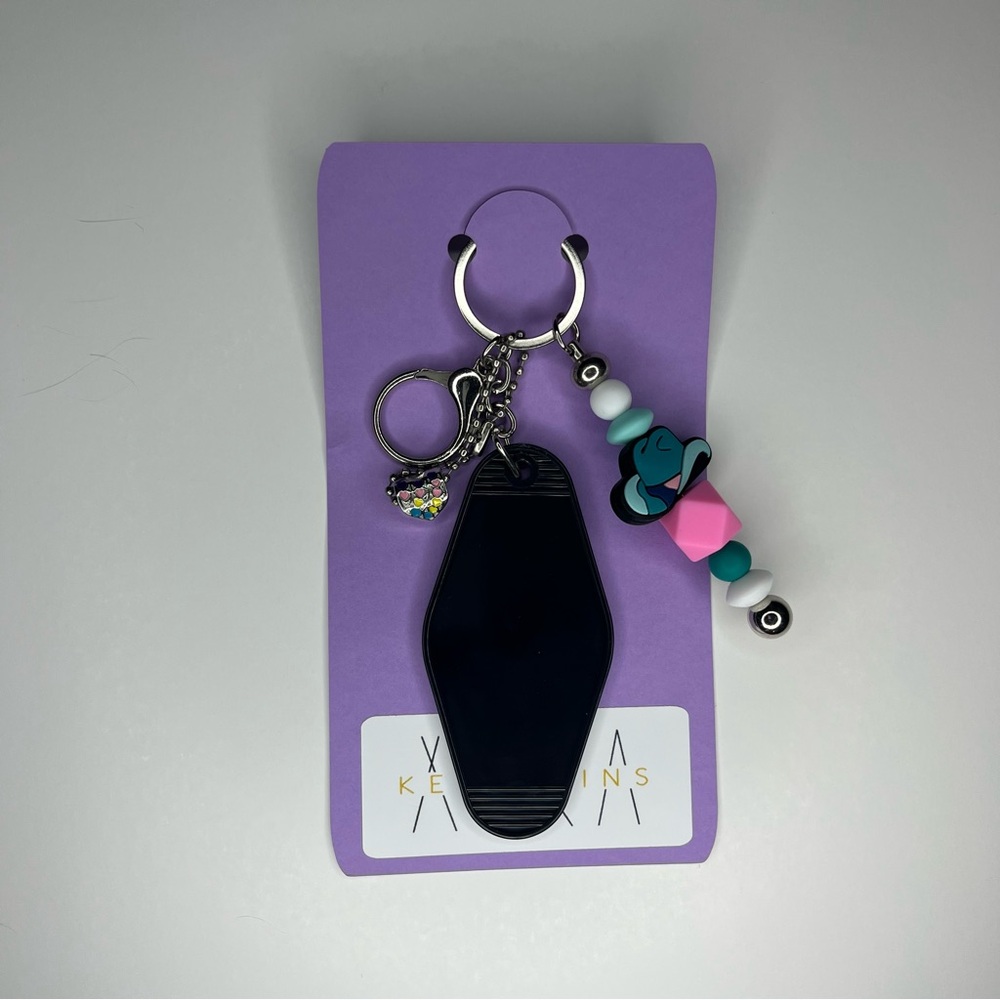 Stylish Black Motel Keychain with Cowgirl hat and metal heart